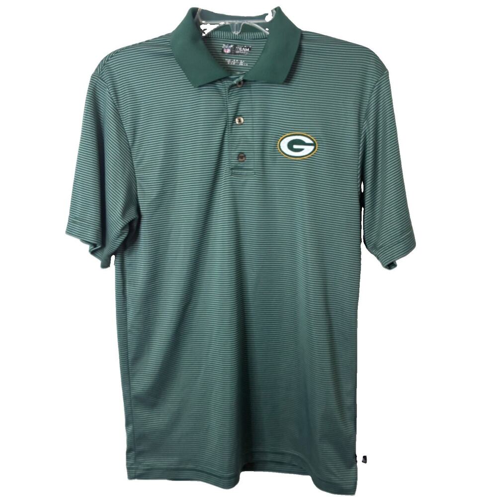 NFL Team Apparel Men's Green & White Striped Green Bay Packers Polo Shirt Small